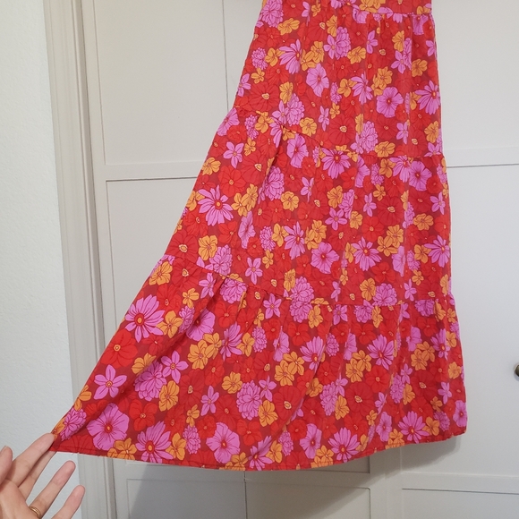 SOLD One Loved Babe Red Pink Floral Puff Sleeve Dress Medium - Picture 4 of 12